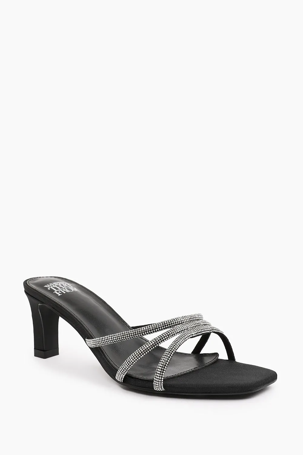 ABIA SQUARE TOE LOW BLOCK HEEL WITH DIAMANTE STRAP DETAIL IN BLACK SATIN