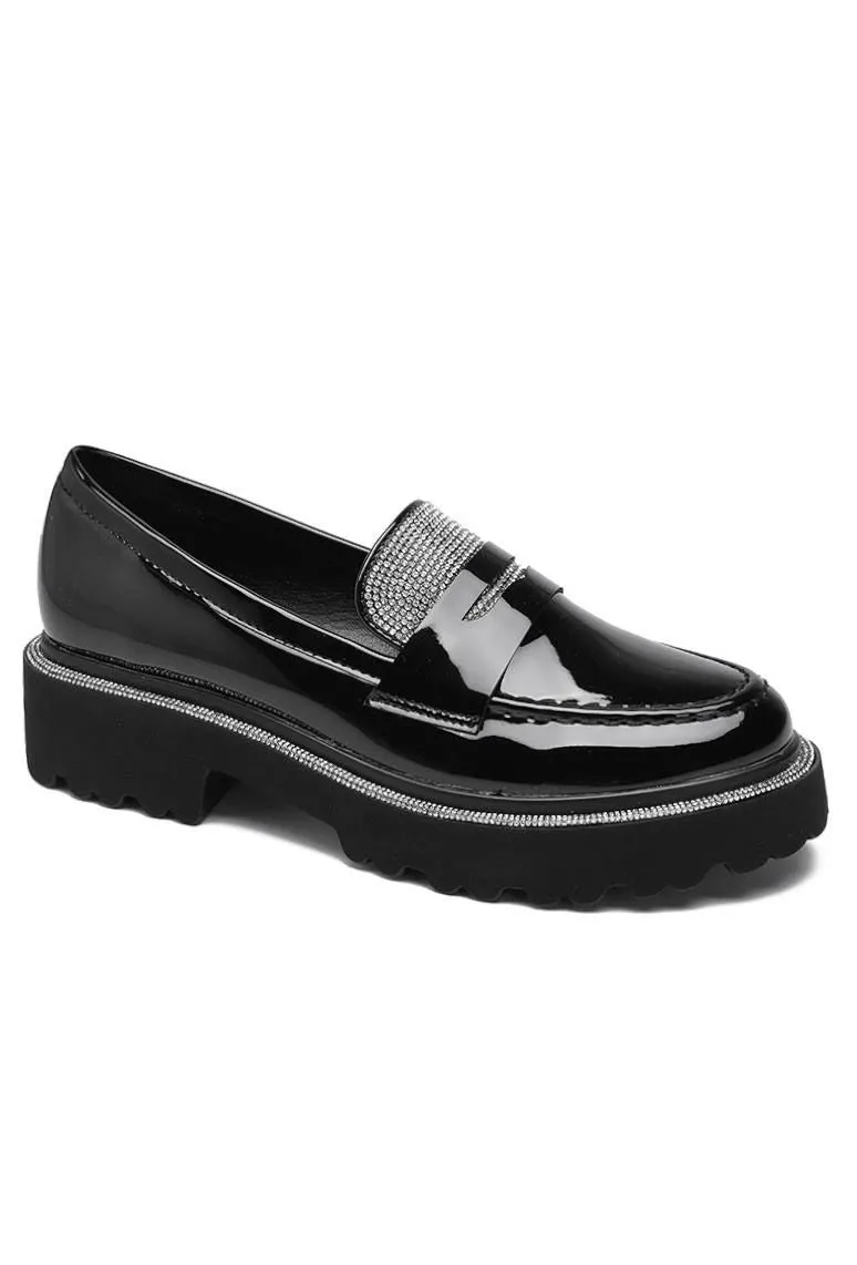 BLACK PATENT CHUNKY PLATFORM RHINSTONE FAUX LEATHER SLIP ON LOAFERS