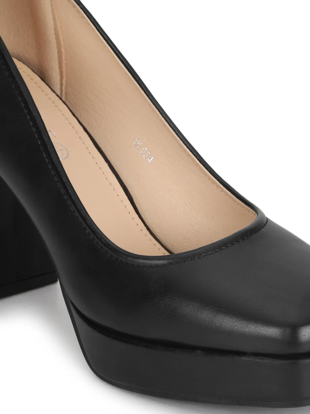 Black PU Stylish Block Heel Pumps (TC-RS3604-BLK)