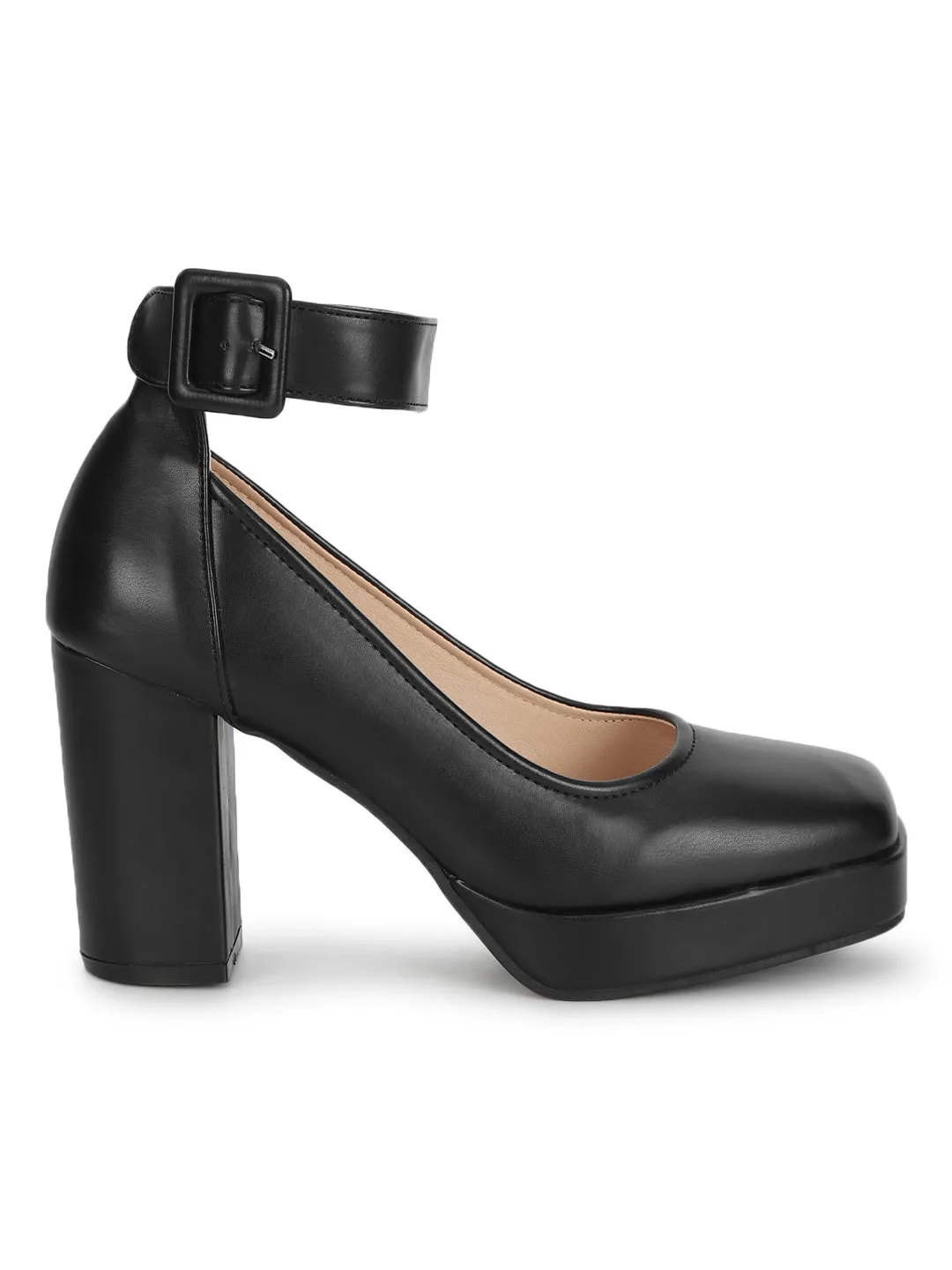 Black PU Stylish Block Heel Pumps (TC-RS3604-BLK)