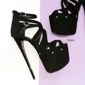 Black Suede Cage Design Platform Heels