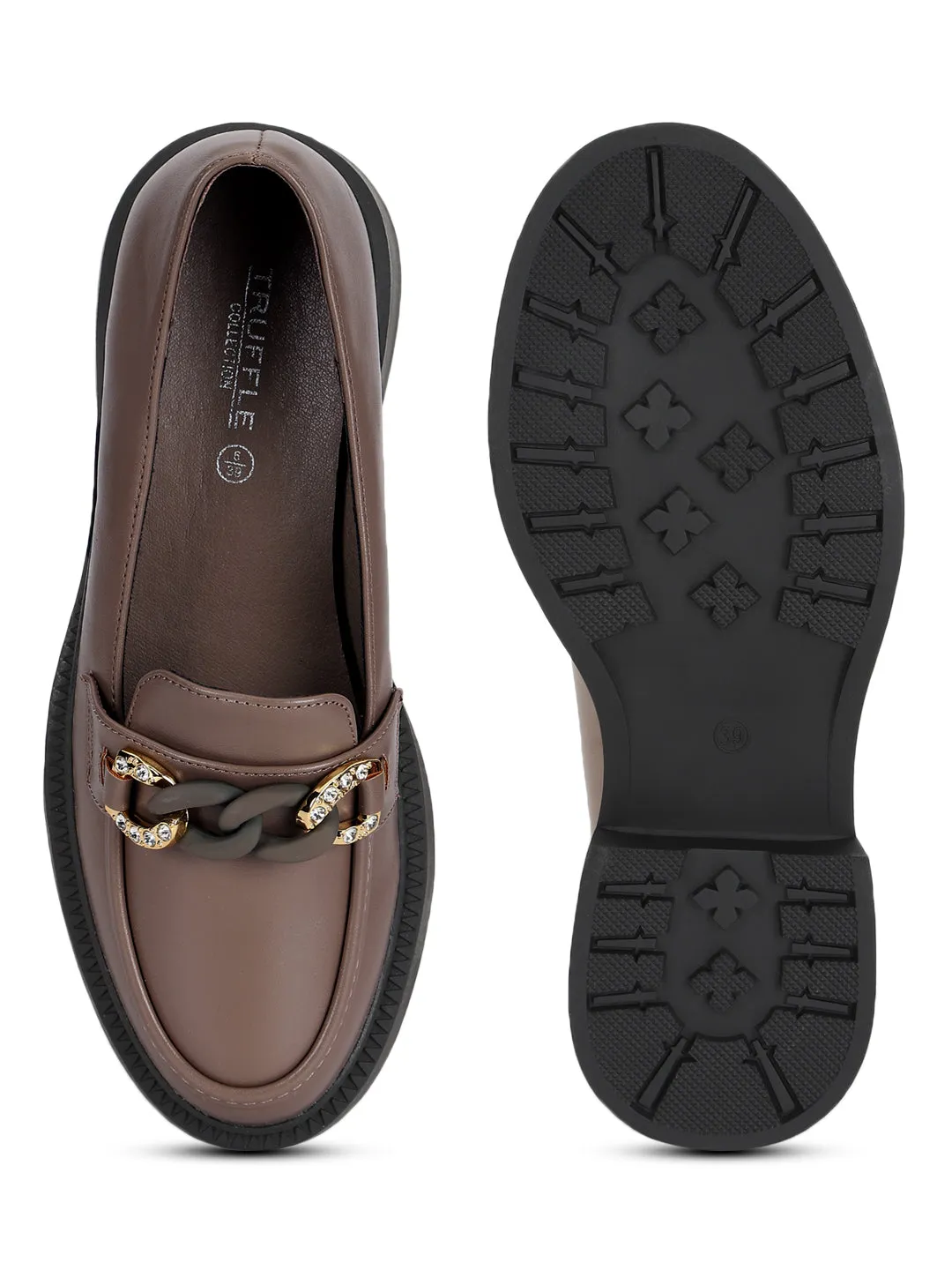 Brown PU Embellished Slip-On Heel Loafers (TC-RS3589-BRO)