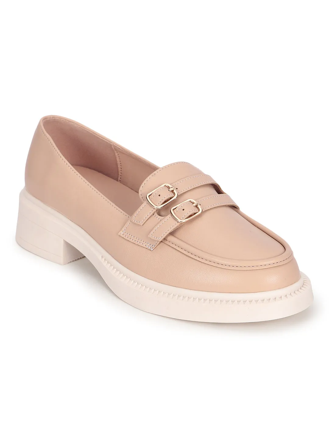 Cream PU Double Buckle Slip-On Heel Loafers (TC-RS3588-CRM)