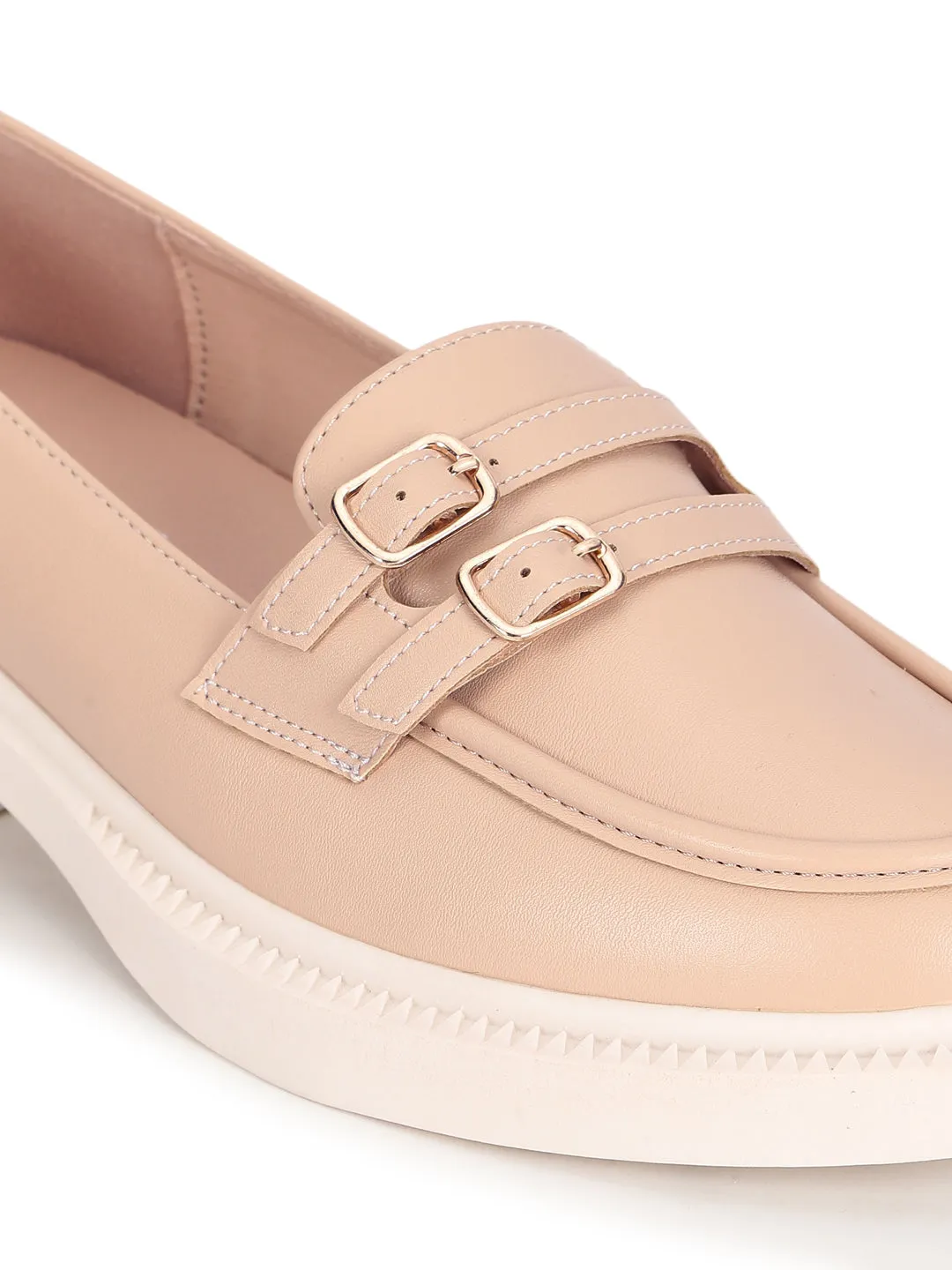 Cream PU Double Buckle Slip-On Heel Loafers (TC-RS3588-CRM)