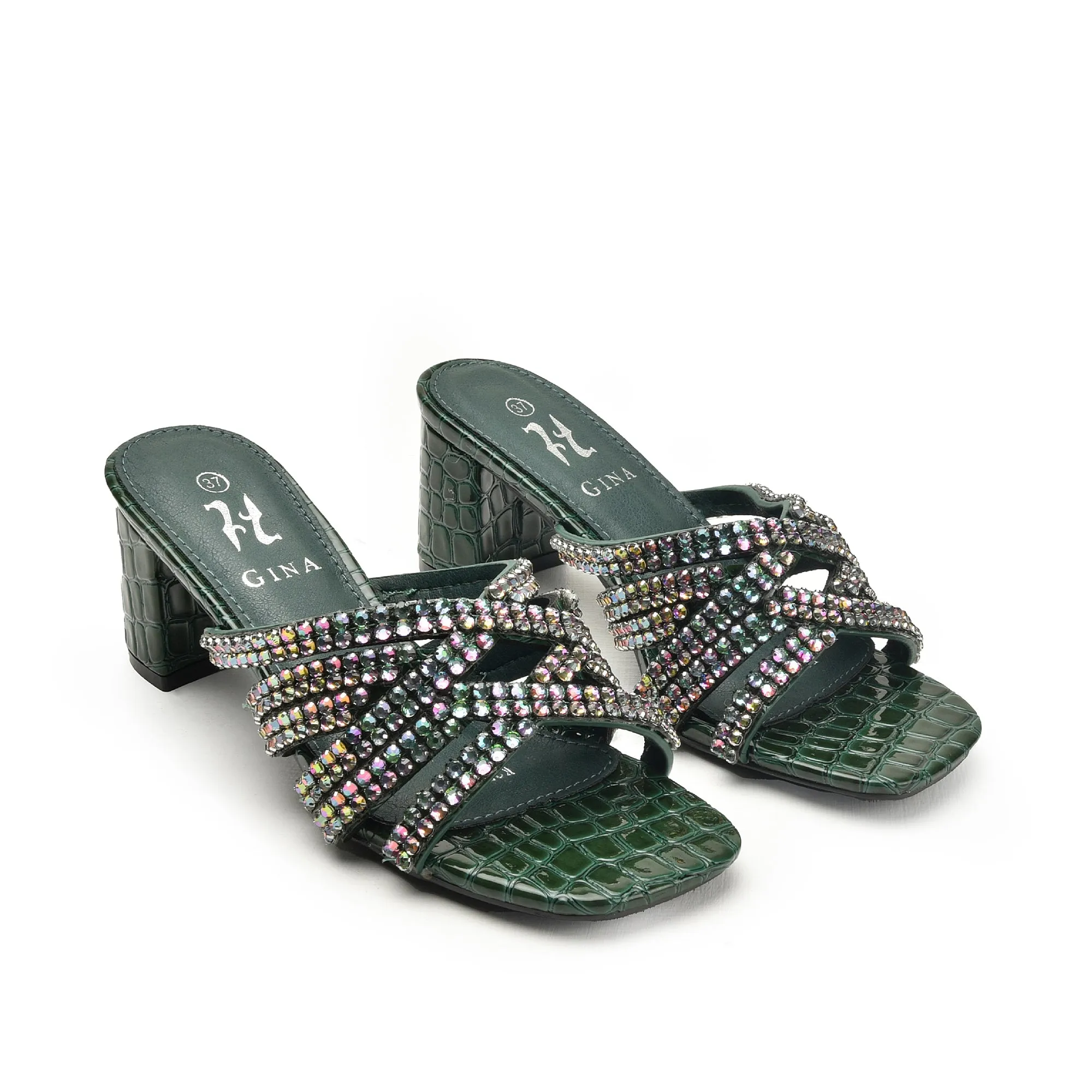 Elegant Green Beaded Block Heels | 503L-K