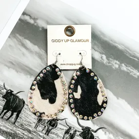 Faux Cowhide Teardrop Earrings with AB Crystal Outline in White and Black Cow Print