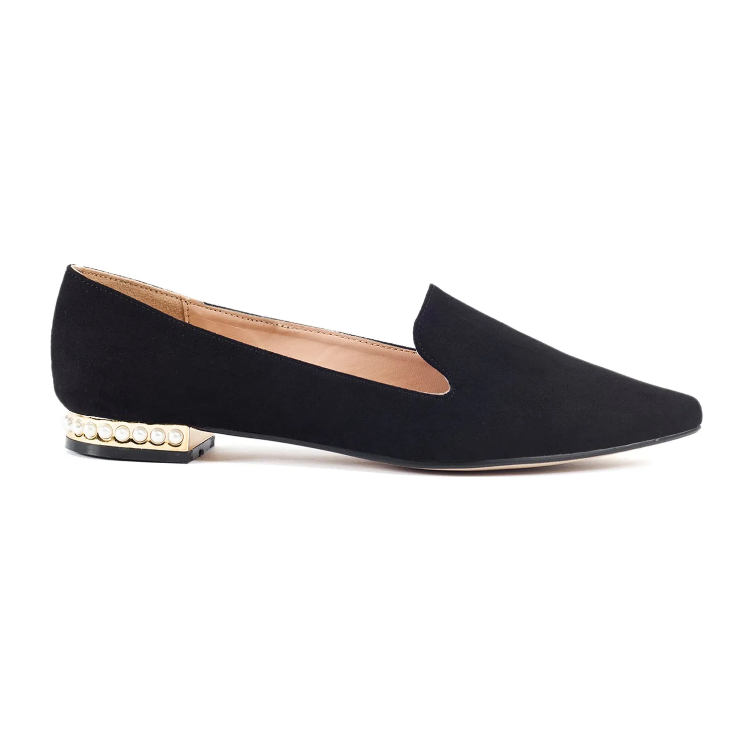 Faux Suede Pearl Heel Slip On Loafers