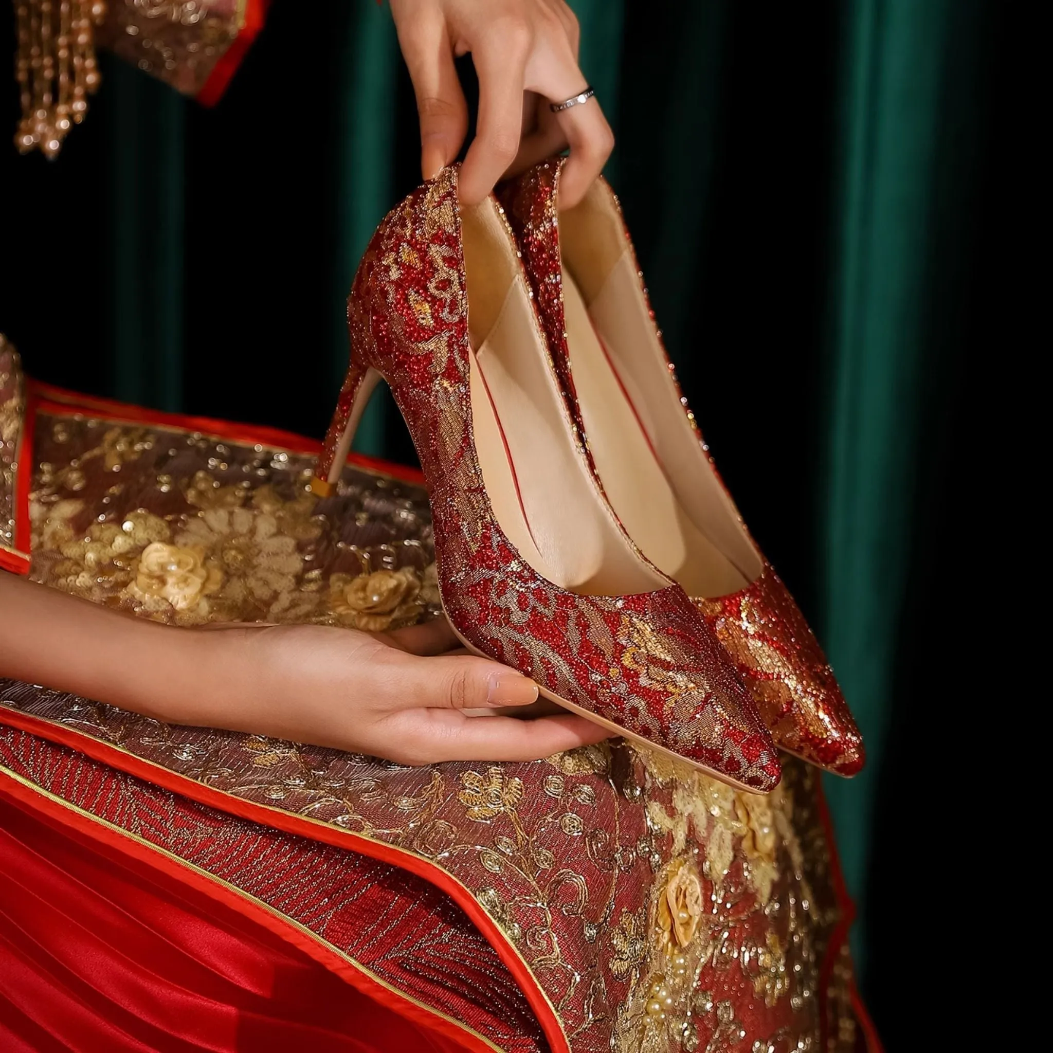 Golden Peony Embroidery Red Xiuhe Wedding Heels