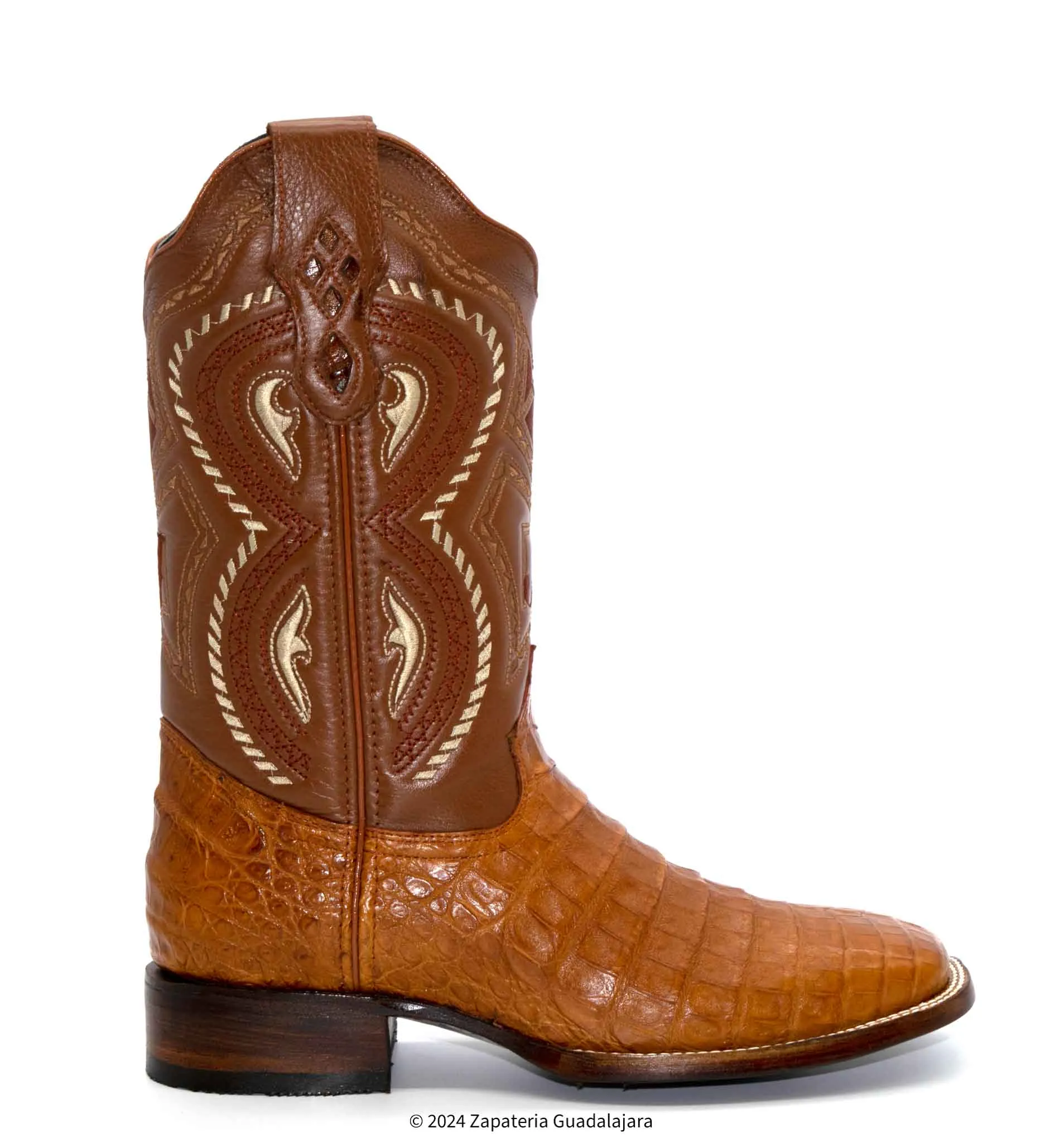 JB706 MEN WIDE SQUARE TOE CAIMAN BELLY COGNAC BOOT