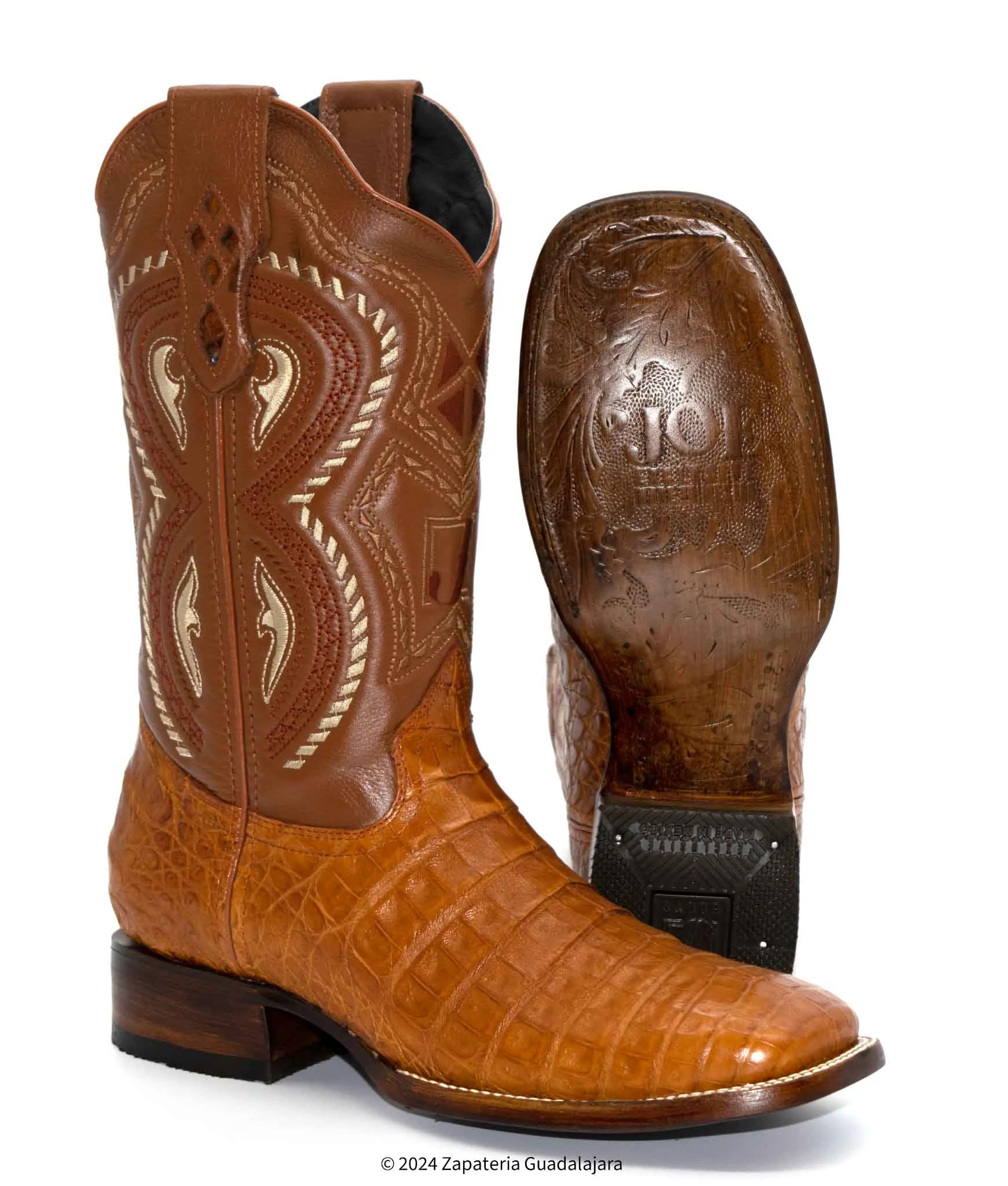 JB706 MEN WIDE SQUARE TOE CAIMAN BELLY COGNAC BOOT