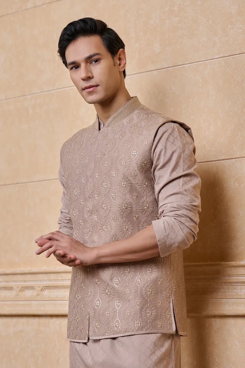 Medium Grey Raw Silk Embroidered Kurta Bundi Set