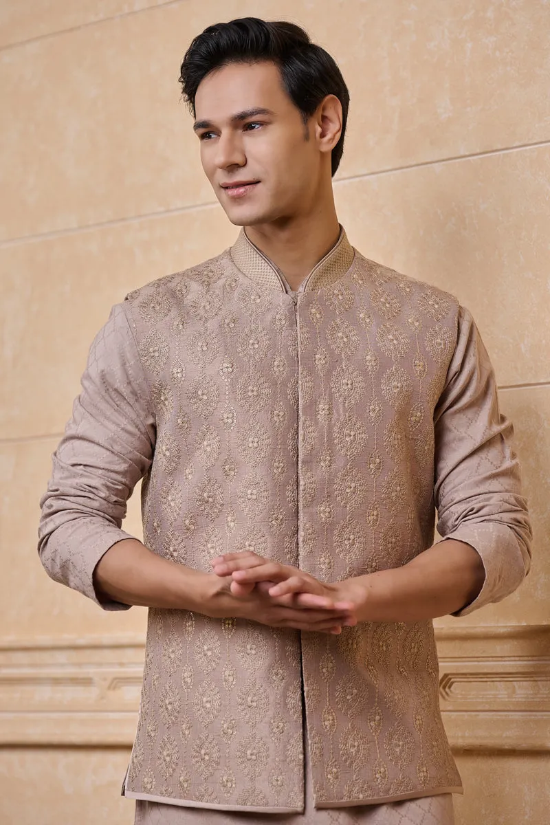 Medium Grey Raw Silk Embroidered Kurta Bundi Set