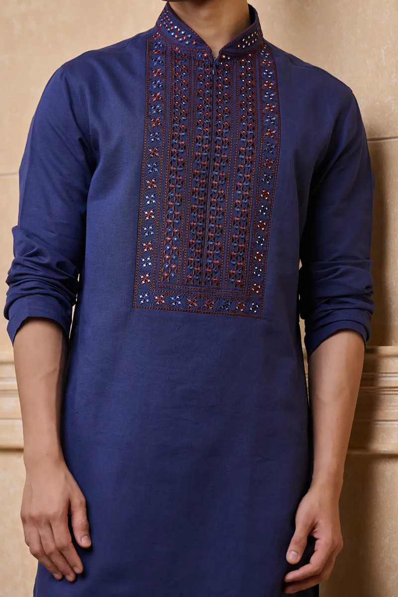 Navy Cotton Linen Kurta Set