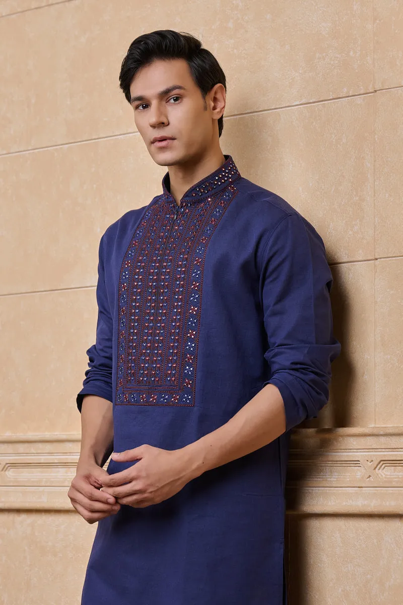 Navy Cotton Linen Kurta Set