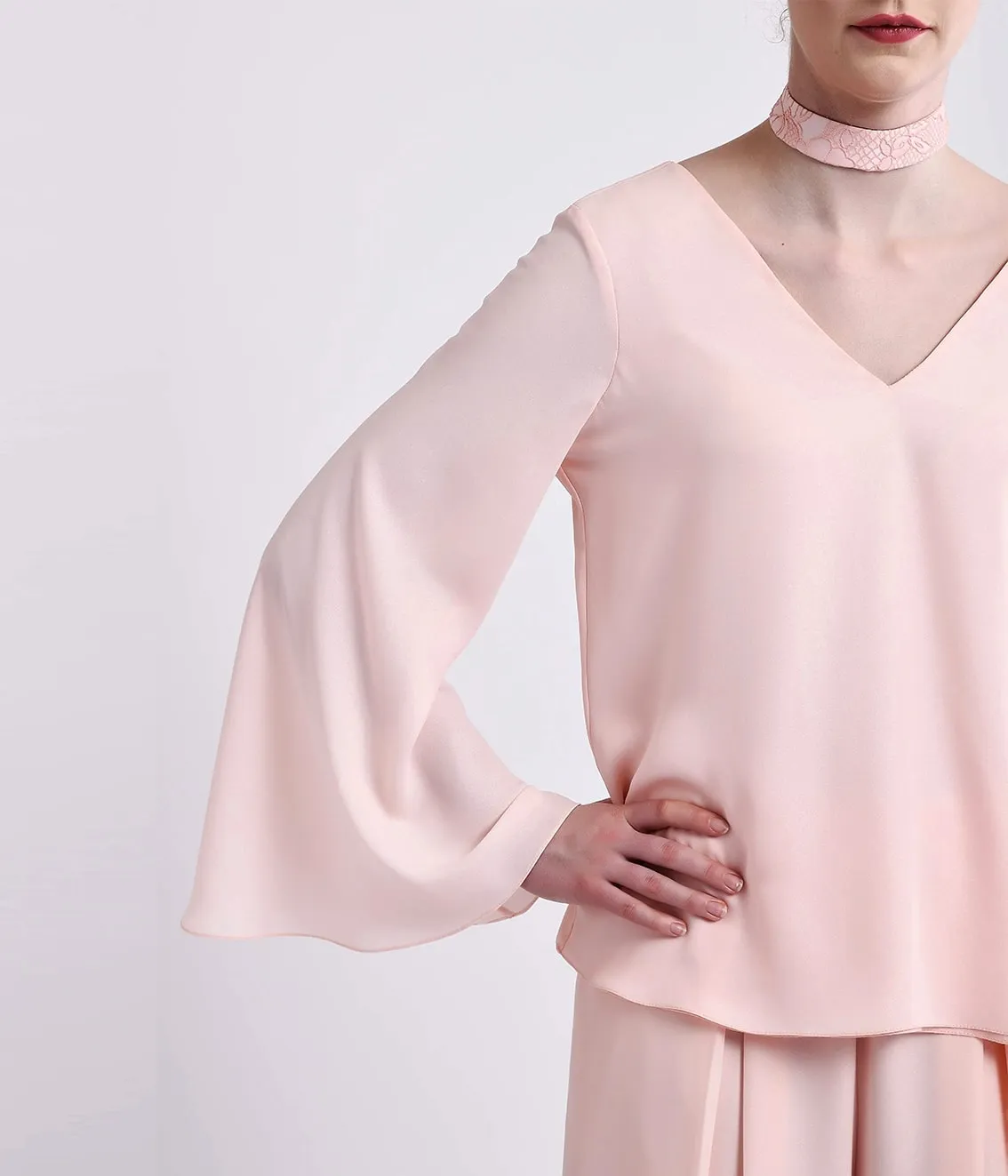 Pale Pink Comfort Chic V-neck Top With Bell Sleeves