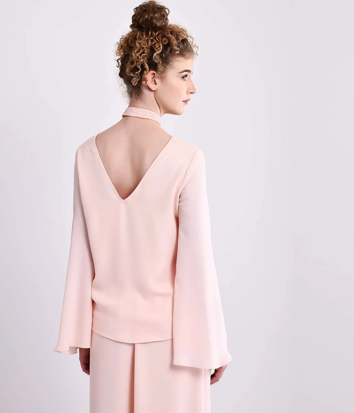 Pale Pink Comfort Chic V-neck Top With Bell Sleeves