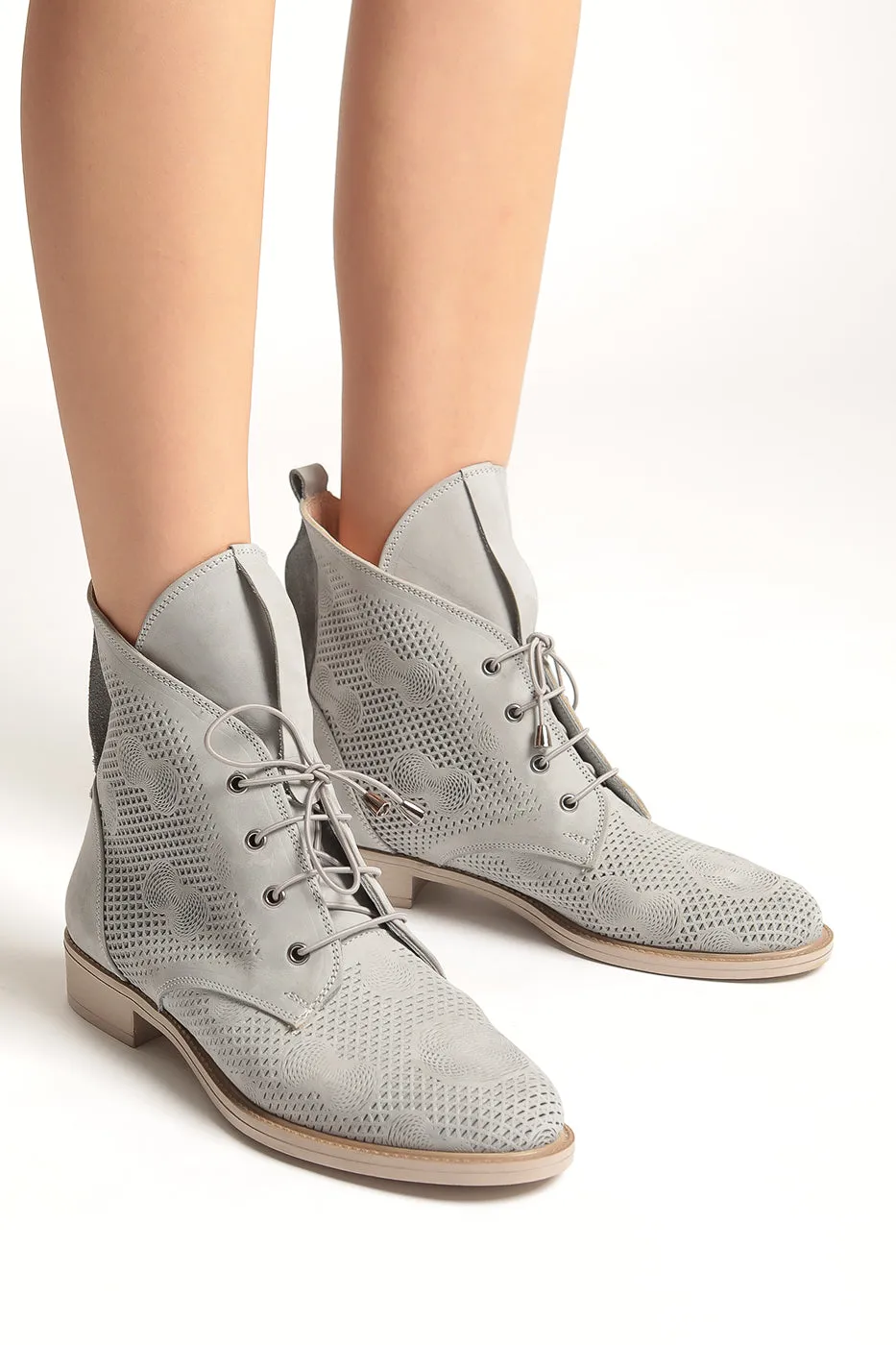 Perforated Leather Ankle Boots - Gray