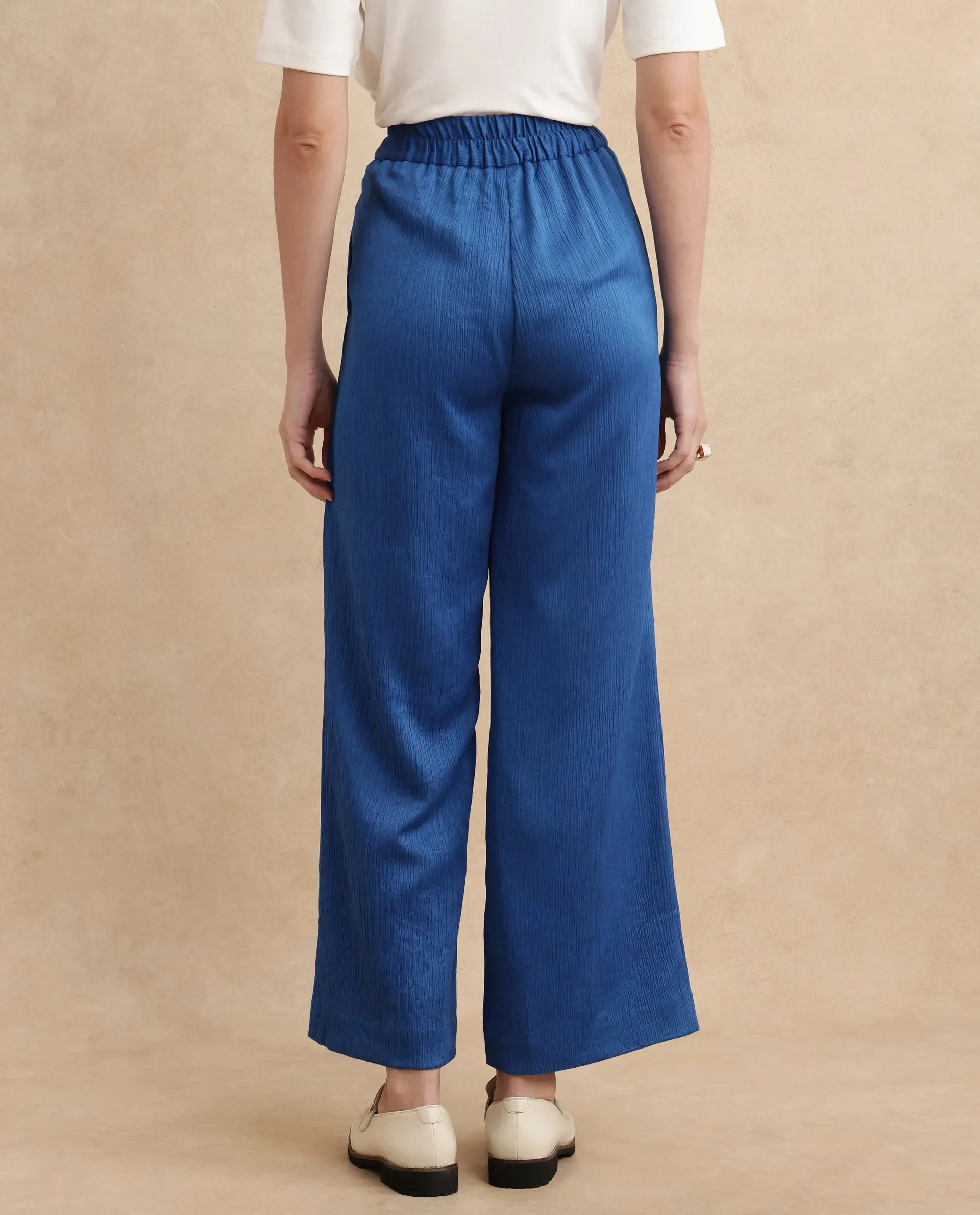 Rareism Women Antela Blue Wide Fit Ankle Length Plain Trouser