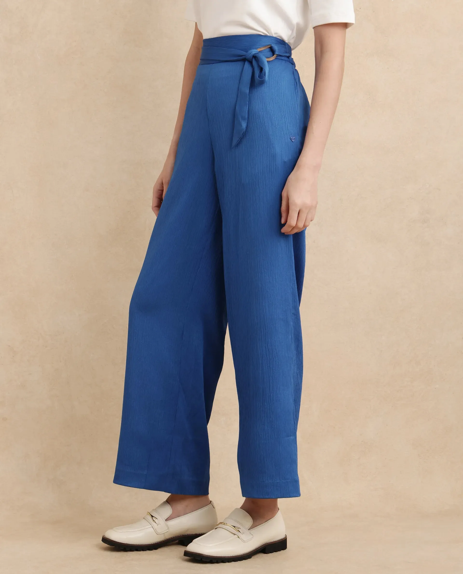 Rareism Women Antela Blue Wide Fit Ankle Length Plain Trouser