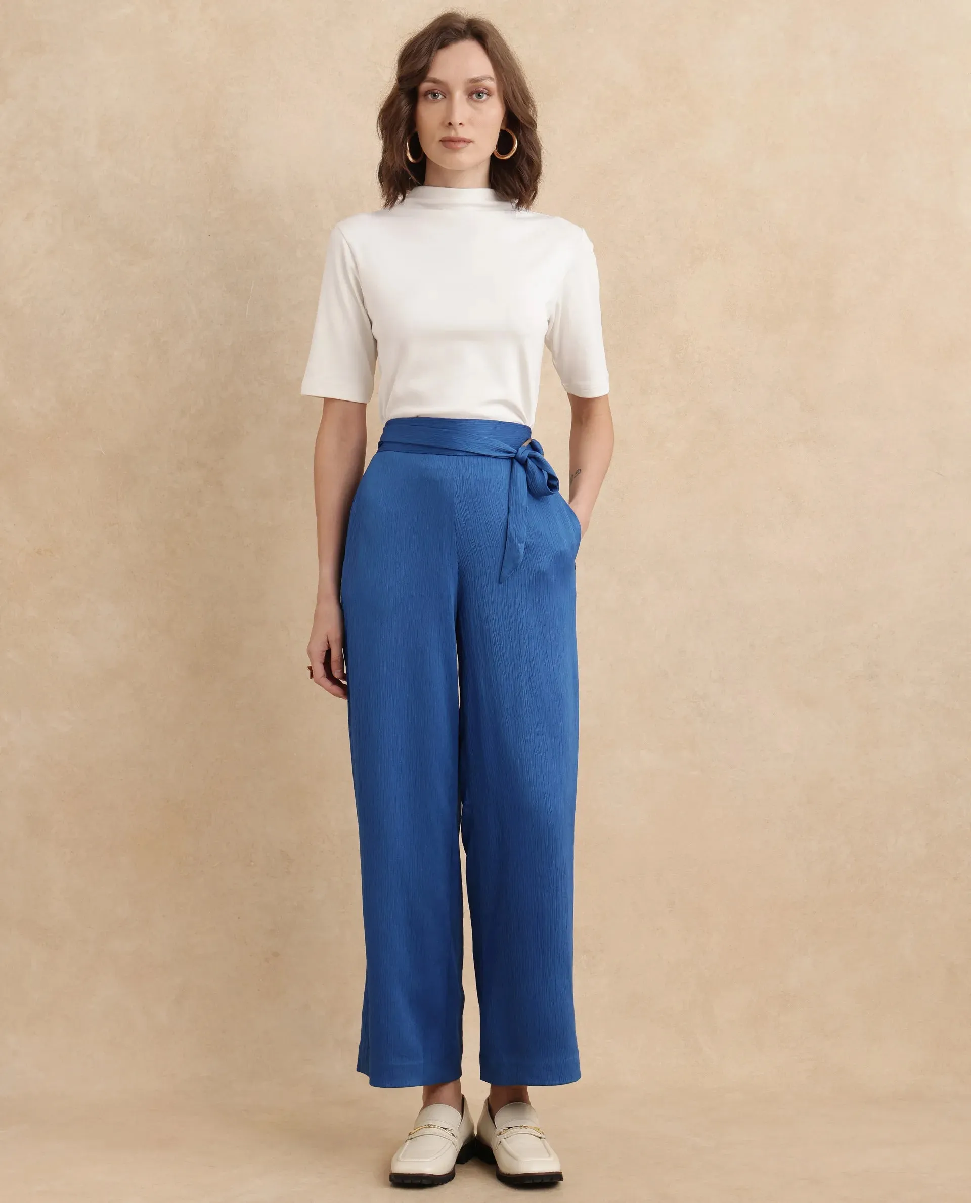 Rareism Women Antela Blue Wide Fit Ankle Length Plain Trouser