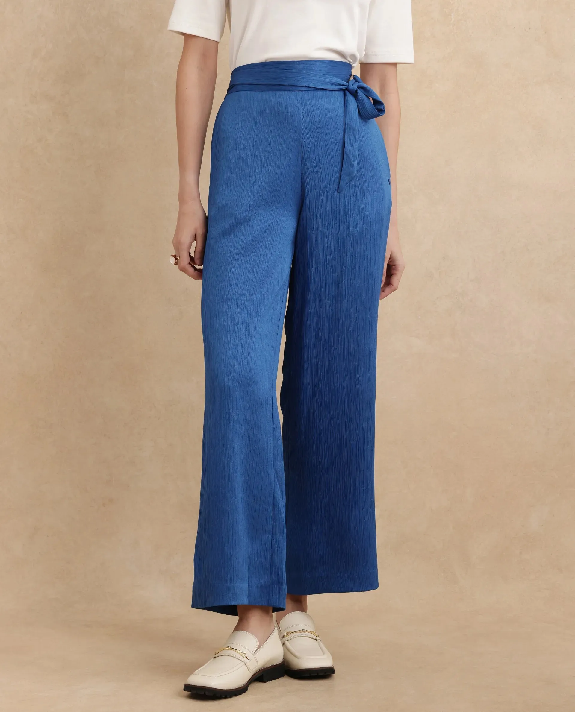 Rareism Women Antela Blue Wide Fit Ankle Length Plain Trouser