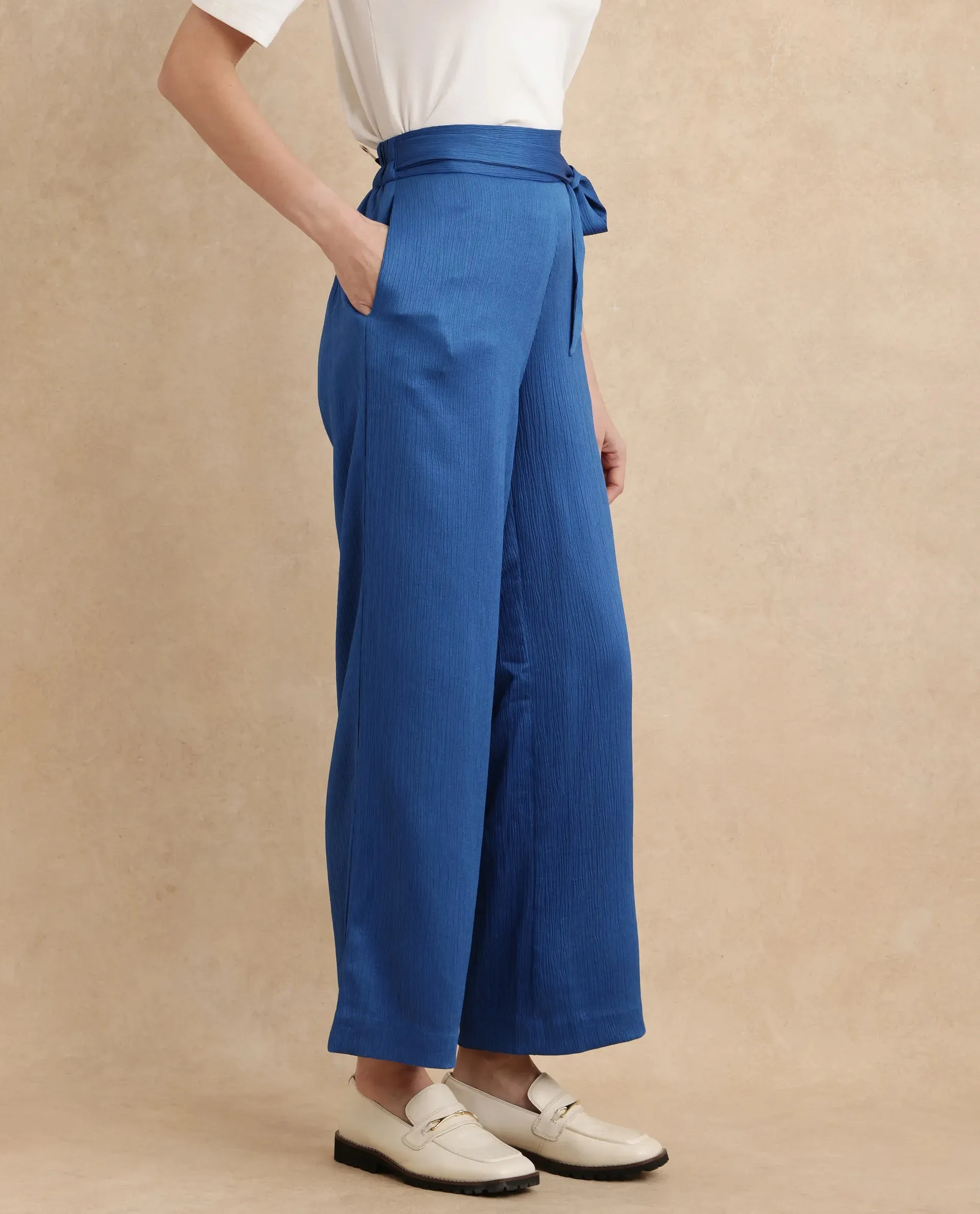 Rareism Women Antela Blue Wide Fit Ankle Length Plain Trouser