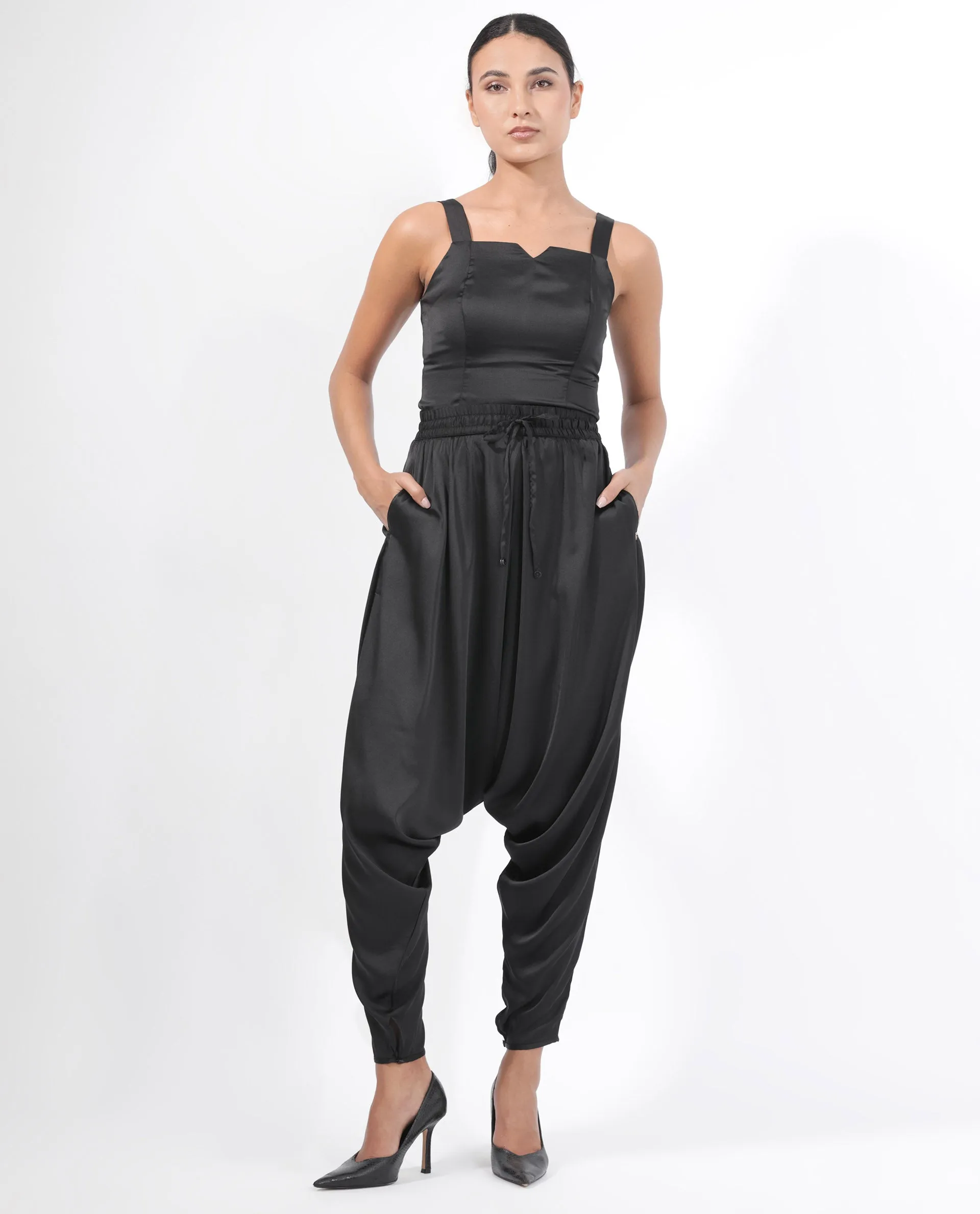 Rareism Women Kamel Black Polyester Fabric Relaxed Fit Plain Ankle Length Trousers