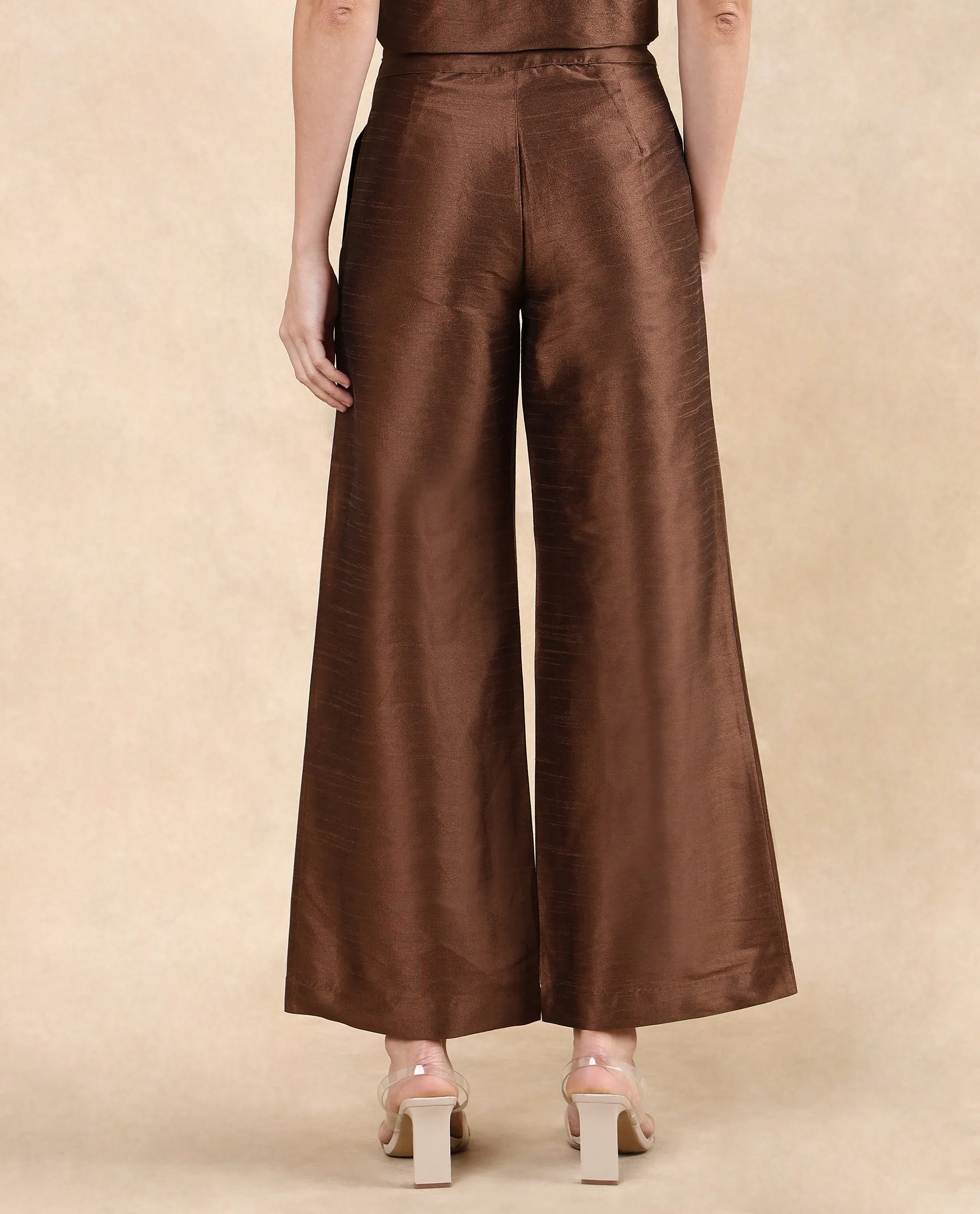 Rareism Women Kamla - B Dark Brown Zipper Closure Straight Fit Ankle Length Plain Trouser