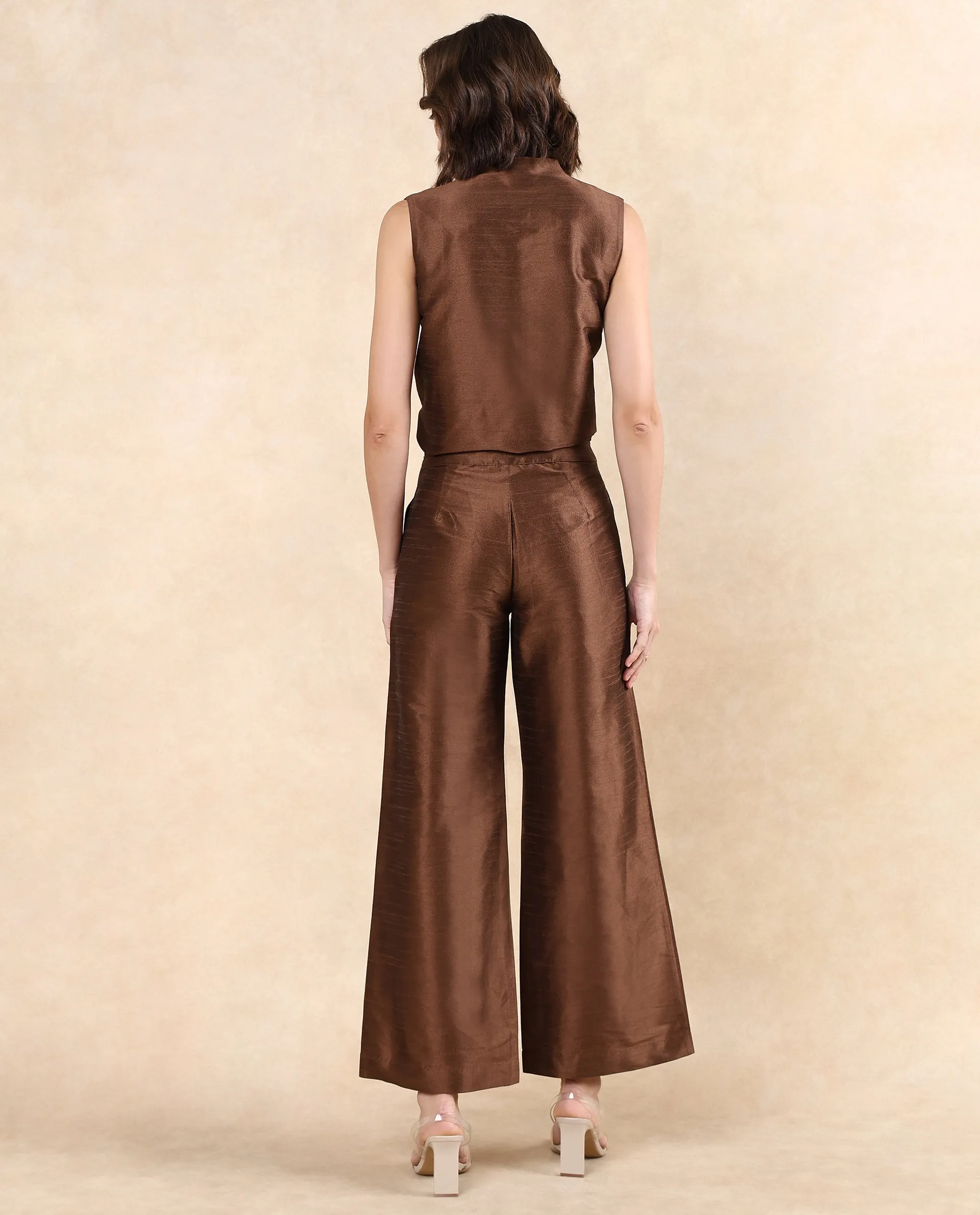 Rareism Women Kamla - B Dark Brown Zipper Closure Straight Fit Ankle Length Plain Trouser