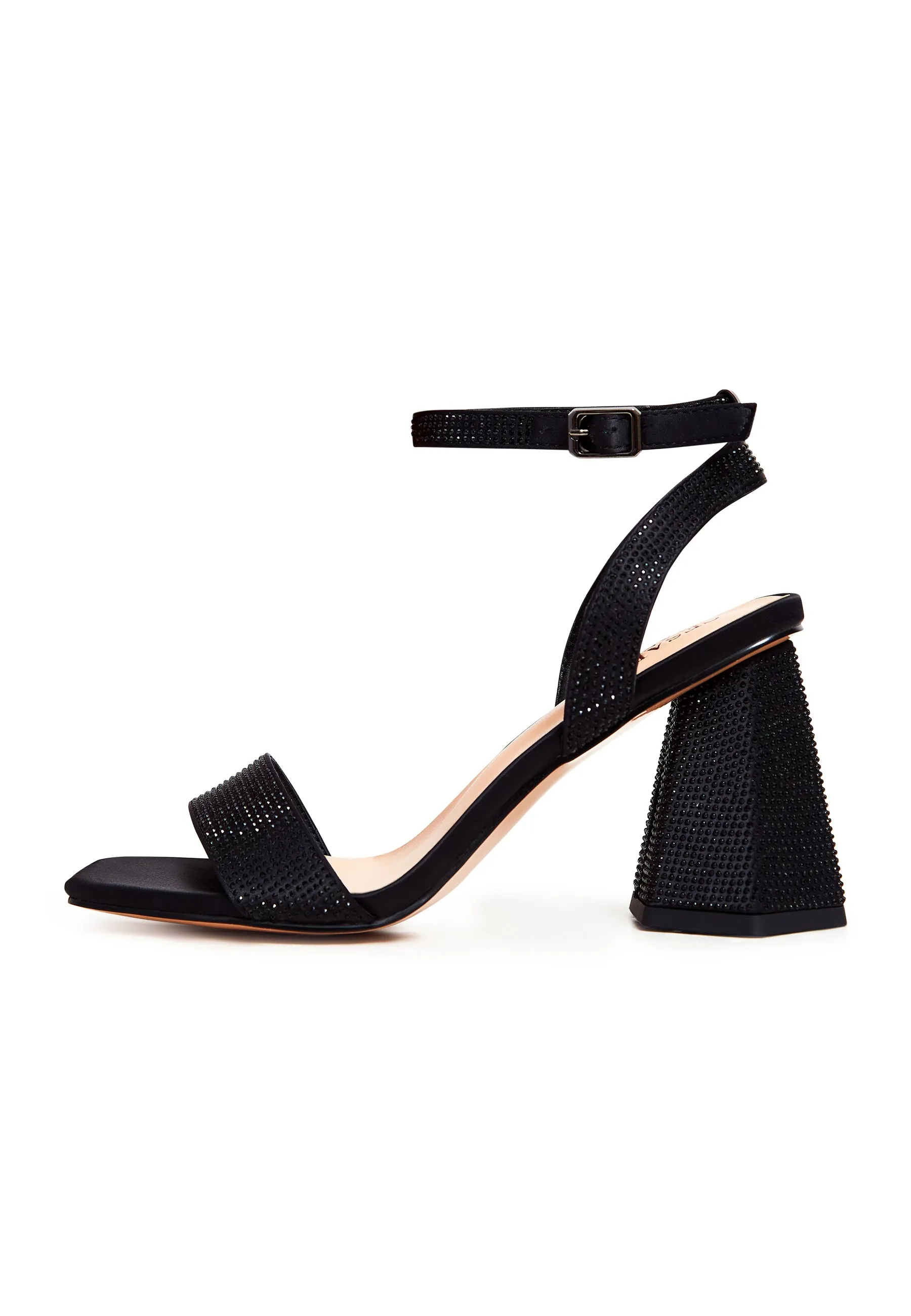 Strappy Block Heel Sandals with Rhinestones - Black