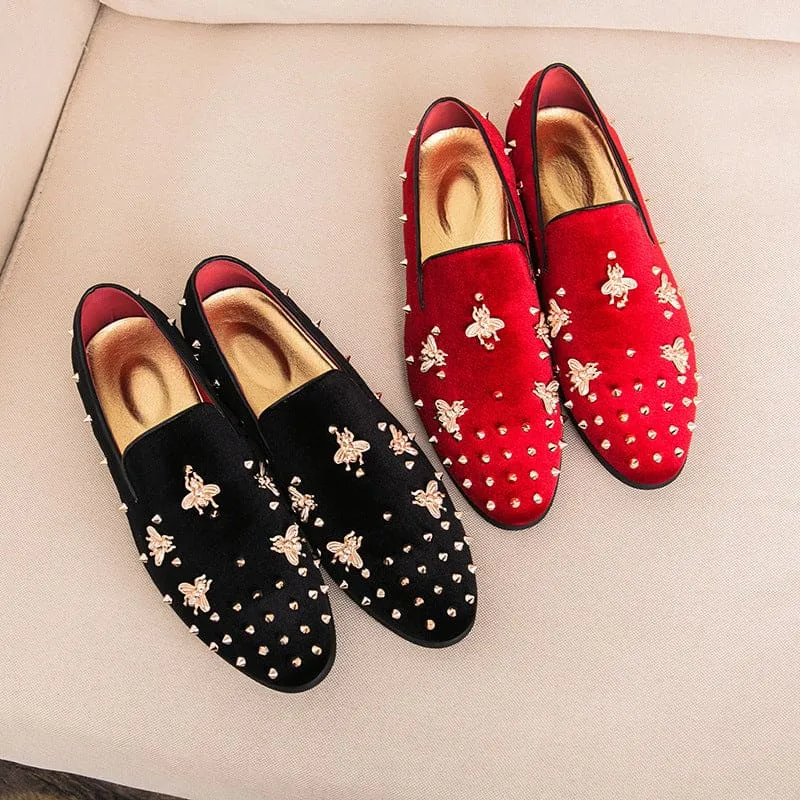 Stylish Bee Encrusted Velour Casual Studded Loafers for Men