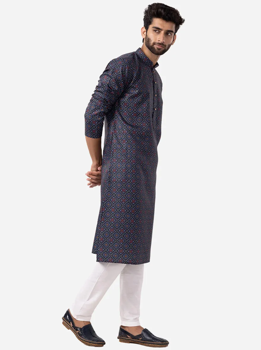 Stylish Black & Blue Printed Kurta For Men