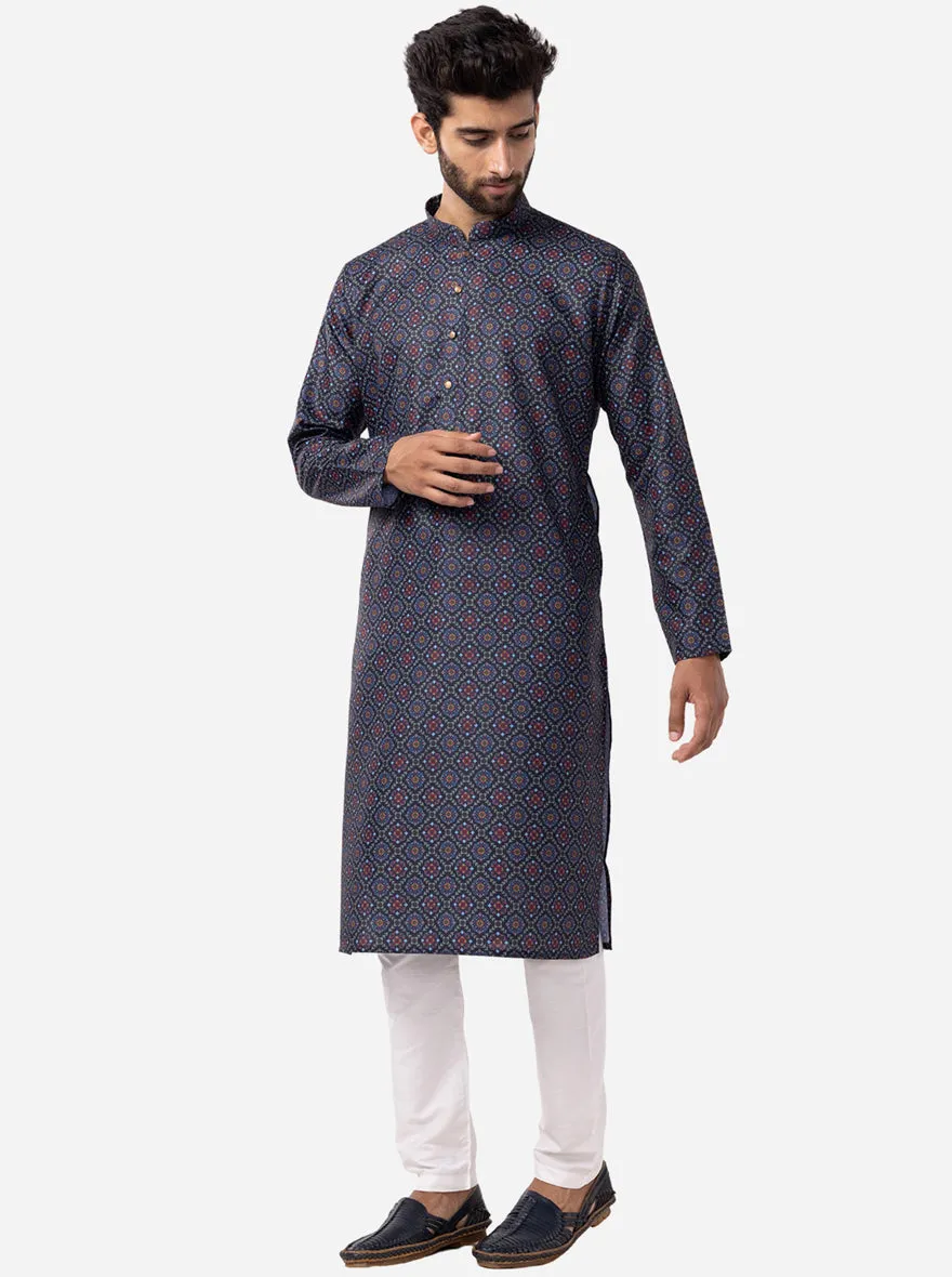 Stylish Black & Blue Printed Kurta For Men