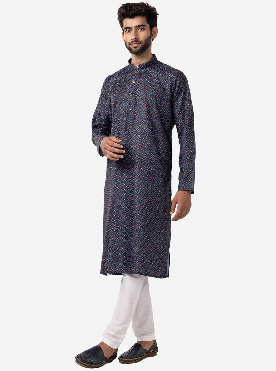 Stylish Black & Blue Printed Kurta For Men