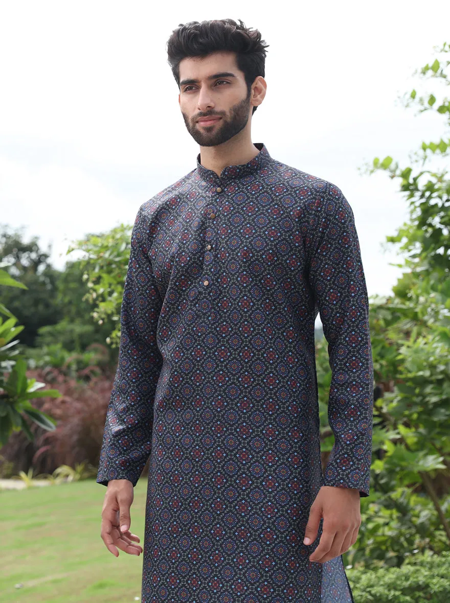 Stylish Black & Blue Printed Kurta For Men