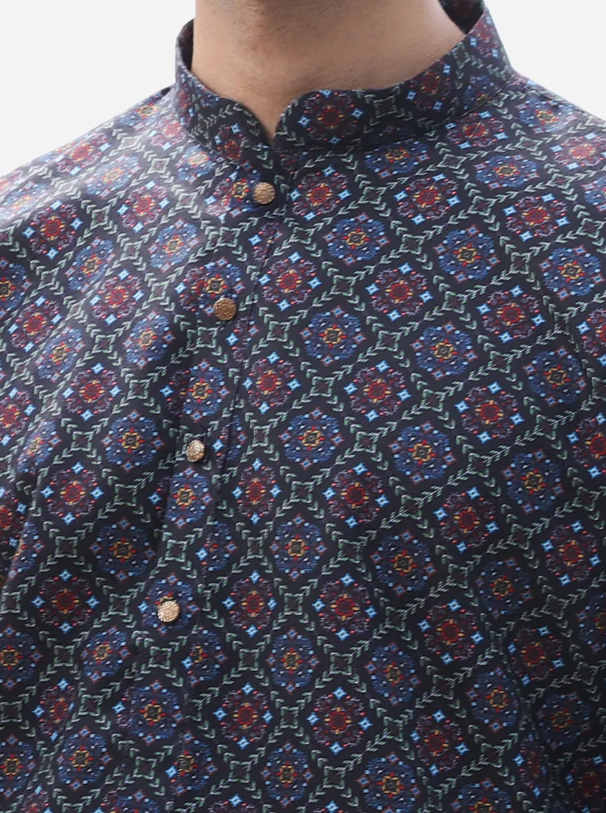 Stylish Black & Blue Printed Kurta For Men