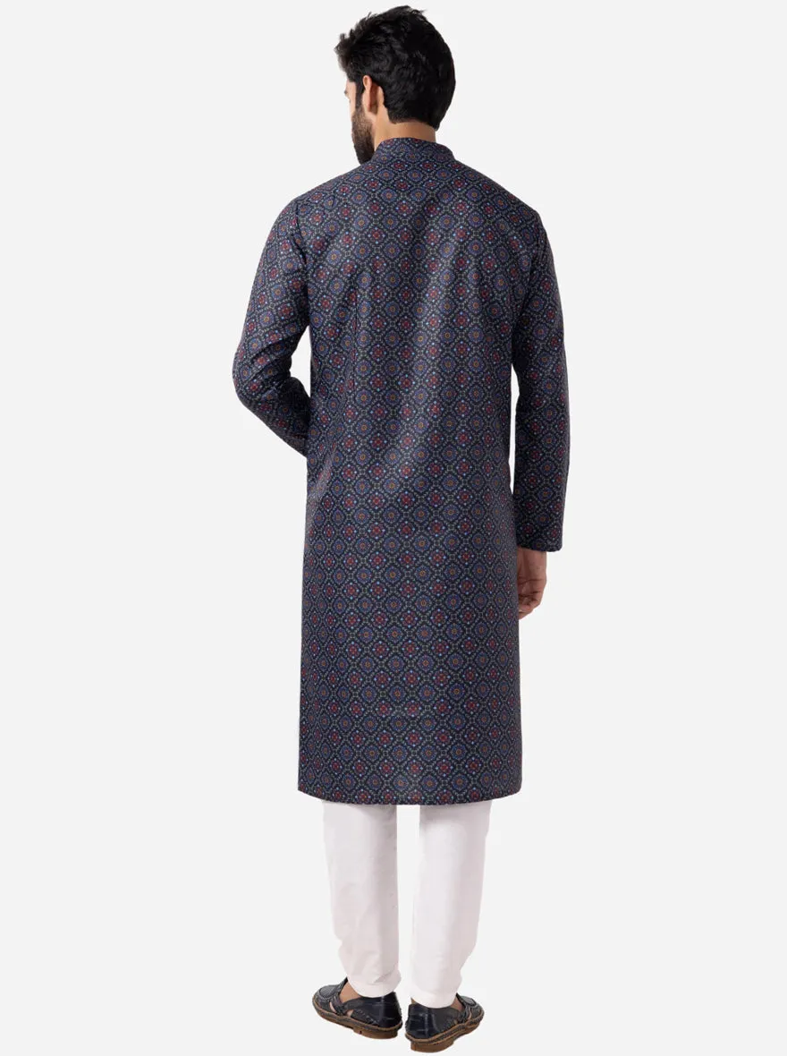 Stylish Black & Blue Printed Kurta For Men