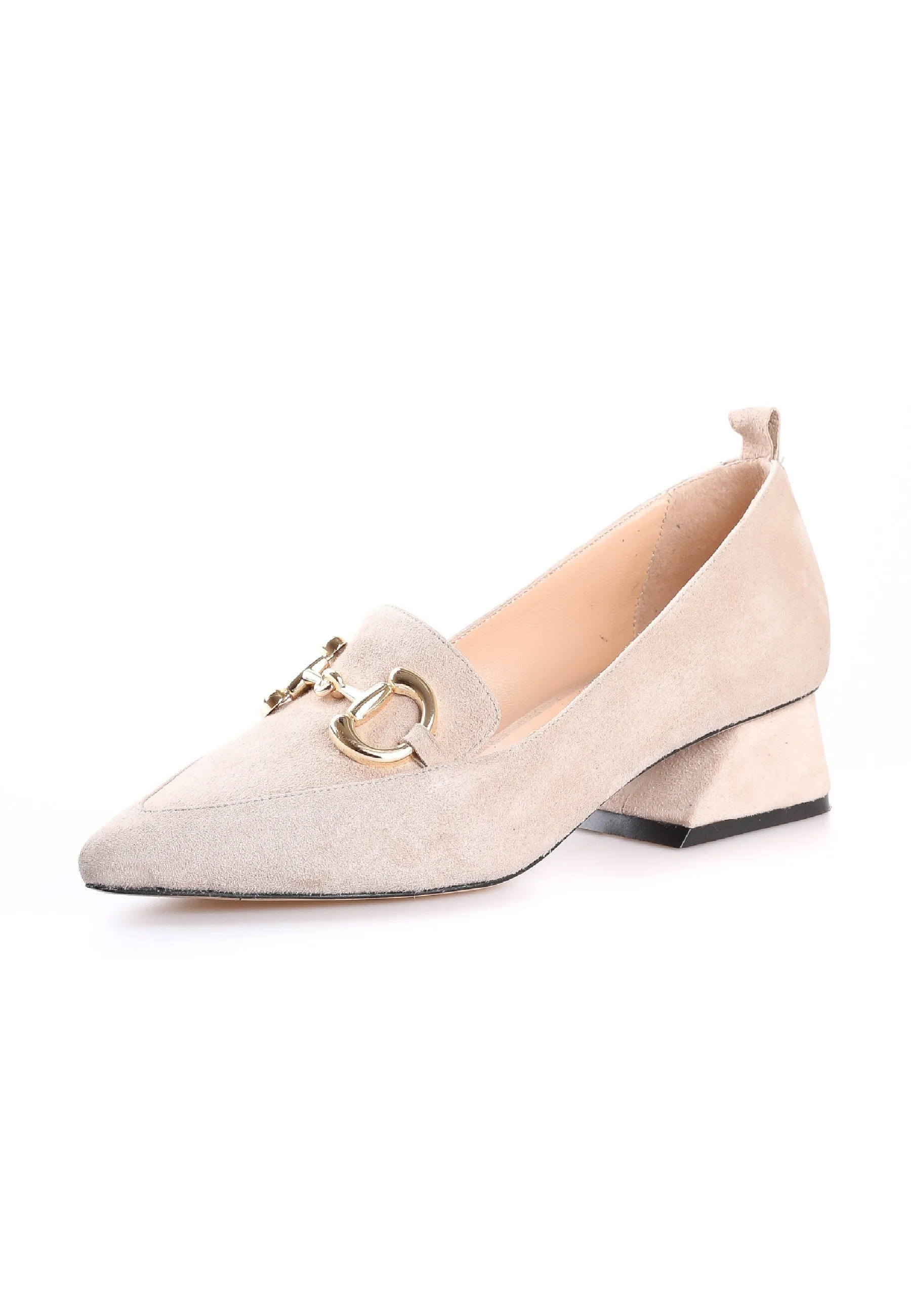 Suede Block Heel Loafers with Gold Chain Detail - Beige