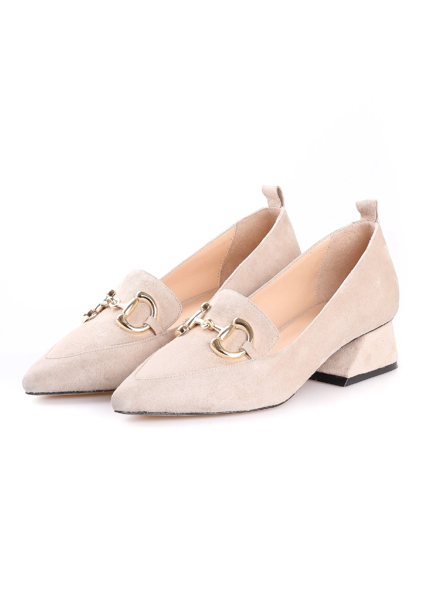 Suede Block Heel Loafers with Gold Chain Detail - Beige