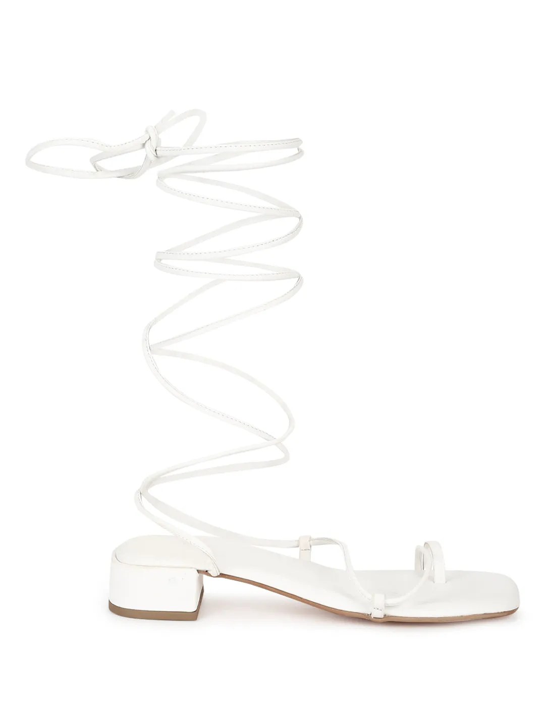 White PU Low Block Heel Lace Up Sandals (TP28054-WHT)