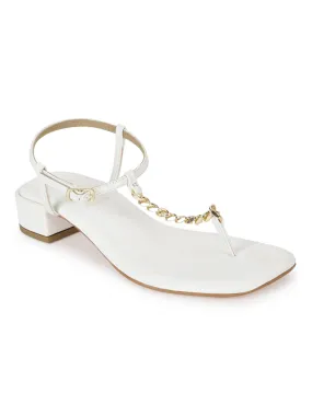 White PU Low Block Heel Sandals With Gold Chain (TP28051-WHT)